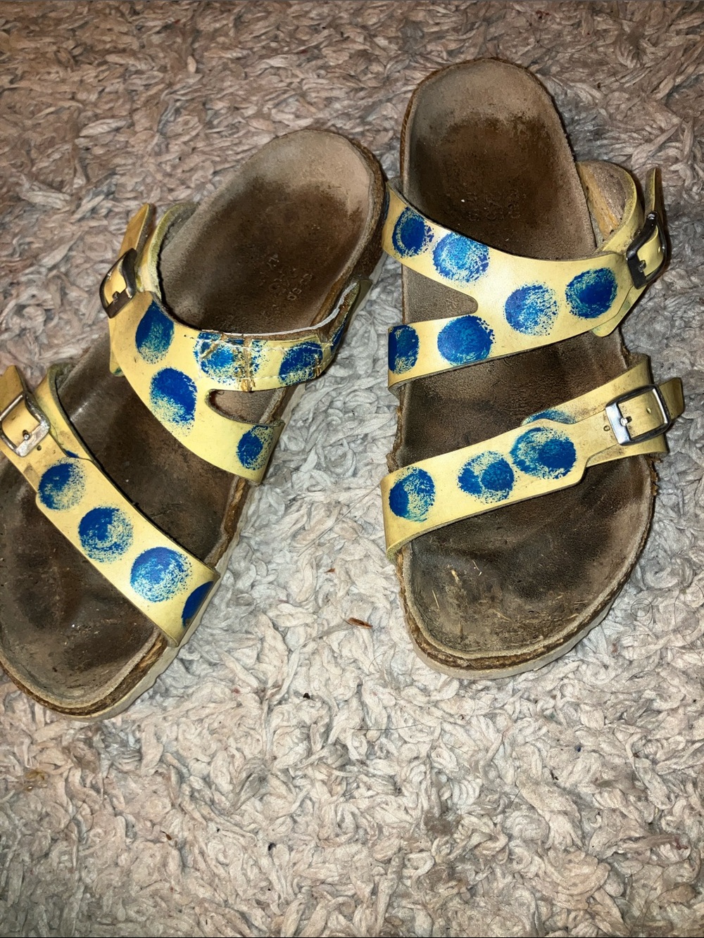 BIRKENSTOCK WOMENS TRASHED Yellow Sandal with Blue Dot Pattern